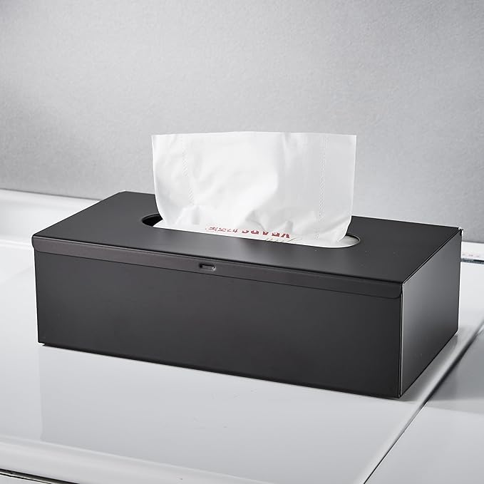 JunSun Rectangular Tissue Box Cover Tissue Box Holder Napkin Holder Tissue Storage Box Facial Tissue Holder Decorative Holder For Bathroom Bedroom Nightstand Office Dresser-Stainless Steel Matte Black