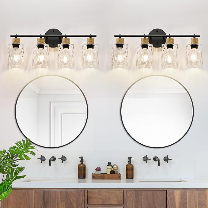 Bathroom Light Fixtures, 4-Light Coastal Vanity Lights with Crystal Glass Shade, Black Bathroom Wall Lamp for Mirror Kitchen Hallway Cabinet