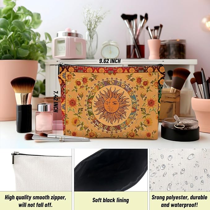 Boho Makeup Bag, Sun and Moon Makeup Bag, boho hippie gifts for women Teen Girls Sisters Friends, Vintage Flower Pouch Floral Canvas Cosmetic Bags, Portable Travel Toiletry Organizer Sun Moon Gifts