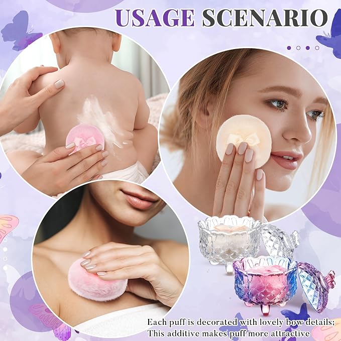 Tioncy 4 Pcs Large Body Powder Puff and Container Extra Large Body Powder Puff Dish Soft Washable Reusable Fluffy Makeup Sponge Wet Dry(Butterfly,Purple and Clear)