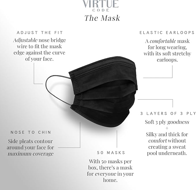 VIRTUE CODE Support Face Masks - Soft 3 Ply Comfort Face Masks, Colorful Disposable Face Mask 50 Pack. Black Colored Masks. Adults Mens and Womens Disposable Face Masks