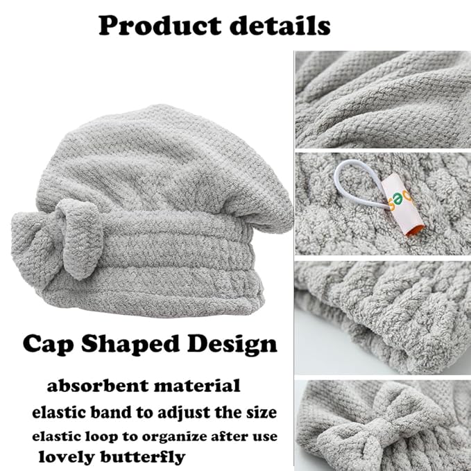 Microfiber Hair Towel, Hair Towel Cap,Absorbent Hair Turban Towel,Hair Drying Towel to Dry Curly or Straight Short Hair Quickly(Pink&Gray)
