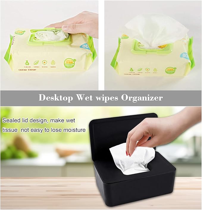 Cuayaes Black Tissue Box Cover, Refillable Baby Wipes Dispenser with Sealed Lid, Modern Desktop Tissue Box Holder Napkin Organizer Container for Bathroom Car Office