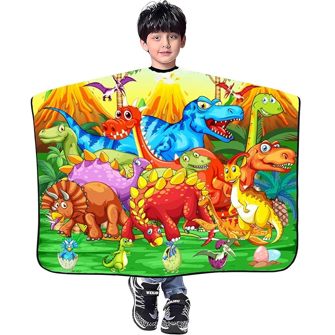 DOKKIA Barber Hair Cutting Cape Kids Children Toddler Boys Girls Hairdressing Salon Styling Cloth Apron Cover Gown with Neck Duster Brush Green Dino Dinosaur World