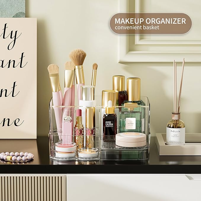 Clear Makeup Organizer Countertop – 6 Compartments Cosmetic, Jewelry, Skincare & Perfume Organizer, Vanity and Bathroom Counter Organizer, Multi-Use Makeup Brush Holder