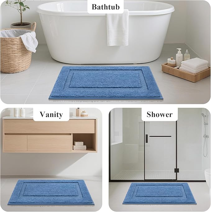 SHACOS 3 Piece Blue Bathroom Rugs Sets, Non Slip Soft Fluffy 16"x24" + 20"x32" Bath Mat and 20"x24" U Shaped Toilet Rugs Washable, Water Absorbent Bath Rugs for Bathroom