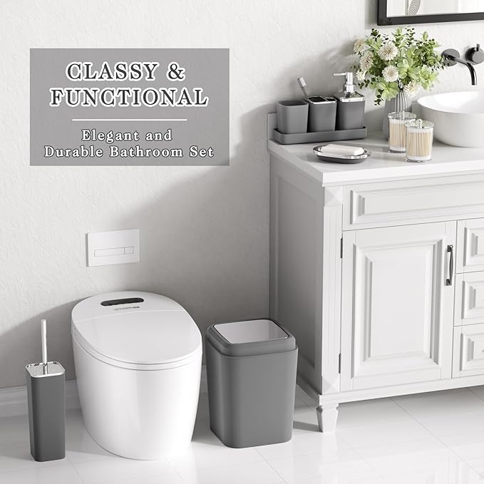 Grey Bathroom Accessories Sets Complete, 9-Piece Bathroom Accessories with Trash Can, Vanity Tray, Soap Dispenser, Soap Dish, Toothbrush Holder, Toothbrush Cup, Toilet Brush and Qtip Holders