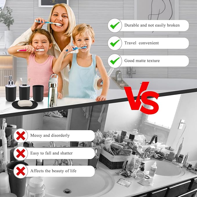 4 Piece Bathroom Accessories Set, Plastic Bathroom Accessory Set, Toothbrush Holder, Toothbrush Cup, Soap Dispenser, Soap Dish, Black