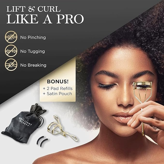 Eyelash Curler with Satin Bag & Refill Pads - Award Winning - No Pinching, Just Dramatically Curled Eyelashes for a Lash Lift in Seconds (Gold)