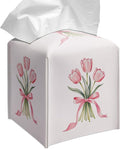 Grace Yonks Cute Tissue Box Cover Square - Pink Tulip Bouquet & Ribbon Design 5.2" PU Leather Holder for Vanity, Desk, or Bathroom Counter - Cube Case for Facial Tissues(010)