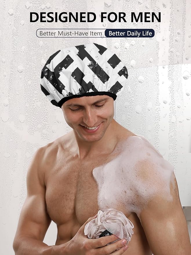 Years calm Men Shower Cap Reusable Waterproof, Dual-Layer Design, Double-Sided Use,Protects Hair in Shower, Spa, Travel & Cooking, Adjustable Elastic for Comfortable Fit (Black Striped, One Size)