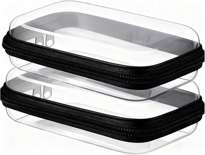 2PC Black Small Clear Hard Shell Zipper Case, Double Zippers Plastic Storage Box for Snacks Makeup Toiletries & Cosmetic Tools