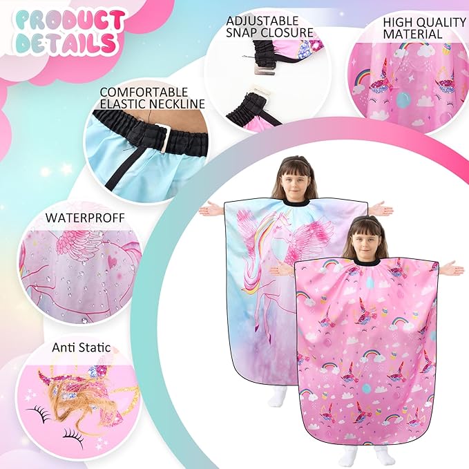 Ramede 2 Pcs Unicorn Barber Cape Professional Salon Hair Cutting Dye Hair Cut Apron Cape with Closure Cutting Cover for Kid