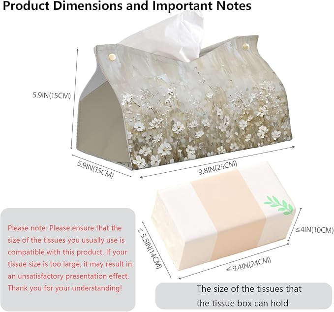 Spring Floral Leather Tissue Box Cover Rectangle,Wildflower Toilet Paper Box Holder,Cottagecore Decorative Facial Paper Case for Farmhouse Living Room Bathroom Kitchen Office Desk,9.8x5.9x5.9