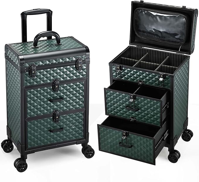 Adazzo Professional Rolling Makeup Train Case with Drawers, Makeup Case on Wheels, Nail Tech Rolling Cart Storage Organizer Trolley Make up Case for Travel Makeup/Nail Art/Hair Styling, Dark Green