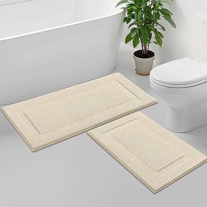 SHACOS Ultra Soft Bathroom Runner Rugs Sets 2 Pieces 47x20 + 32x20 inch Microfiber Long Bath Rugs Non Slip Washable Fluffy Bath Mats for Bathroom Shower Tub, Light Beige
