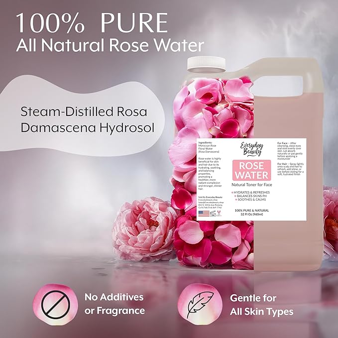 Rose Water Facial Toner - 32oz Bulk Alcohol-Free Vegan All Natural Refreshing for Face and Hair - Uplifts, Calming & Soothing for All Skin Types (Pack of 2)