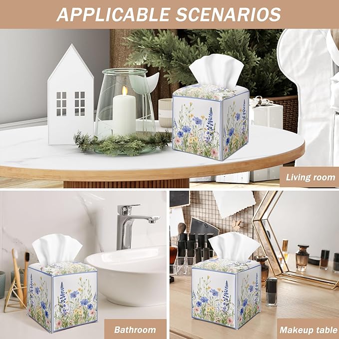 Wildflowers Tissue Box Cover Square with Bottom Belt, Floral Leather Waterproof Tissue Holder Facial Paper Case for Tabletop Home Office Bathroom Car Decor -07