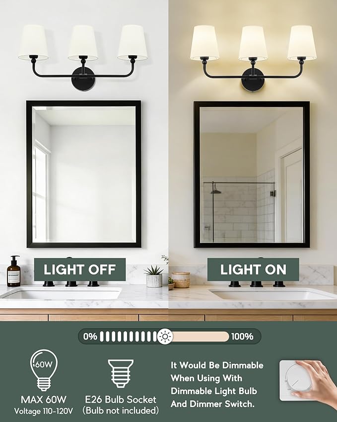 Bathroom Light Fixtures, 3-Light Matte Black Vanity Lights with Flared Beige Fabric Shade, Vintage Sconces Wall Lighting for Hallway Bedroom, VL837-MB-B-3