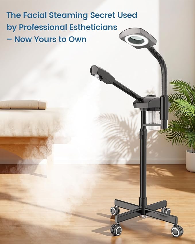 Kingsteam Facial Steamer & 5X Magnifying Lamp Combo, Professional Esthetician Equipment: Adjustable Nano Mist, Deep Pore Cleansing, Blackhead Remover, Acne Treatment Ozone Steamer (60 Min Timer),Black
