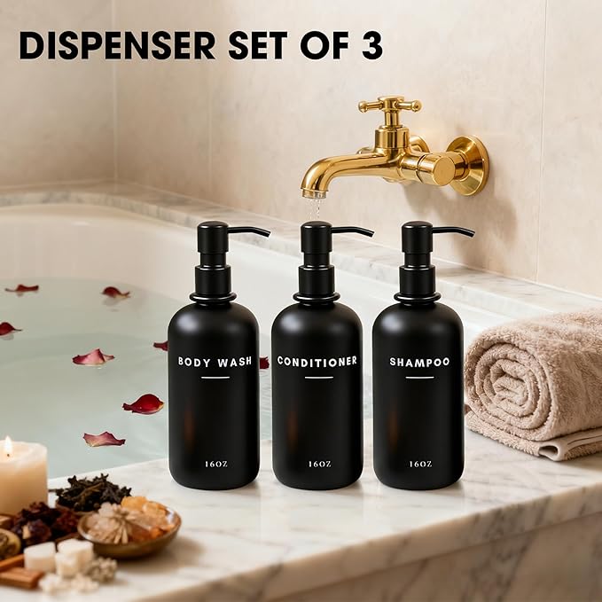 Set of 3 Shampoo and Conditioner Dispenser Stainless Steel Pump Head - 16oz Durable Shower Soap Dispenser and Shampoo Bottles - Easy to Refill Bathroom soap Dispenser Set Bathroom Decor with Labels