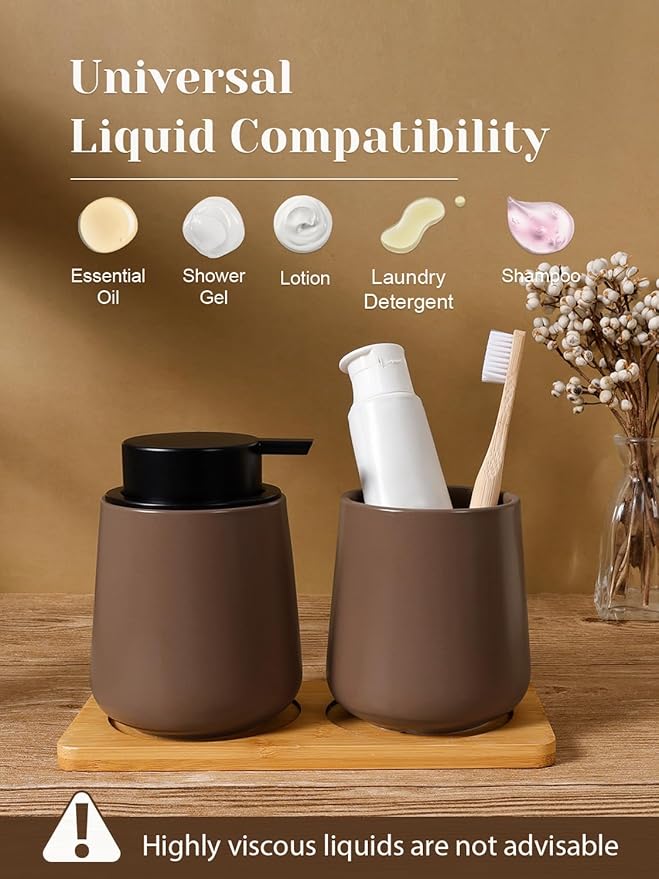 INGOFIN Ceramic Lotion Dispenser - 12 oz Hand Soap Dispenser Bathroom, Modern Liquid Dispenser with Pump, Refillable Dish Soap Bottle for Kitchen, Matte Brown