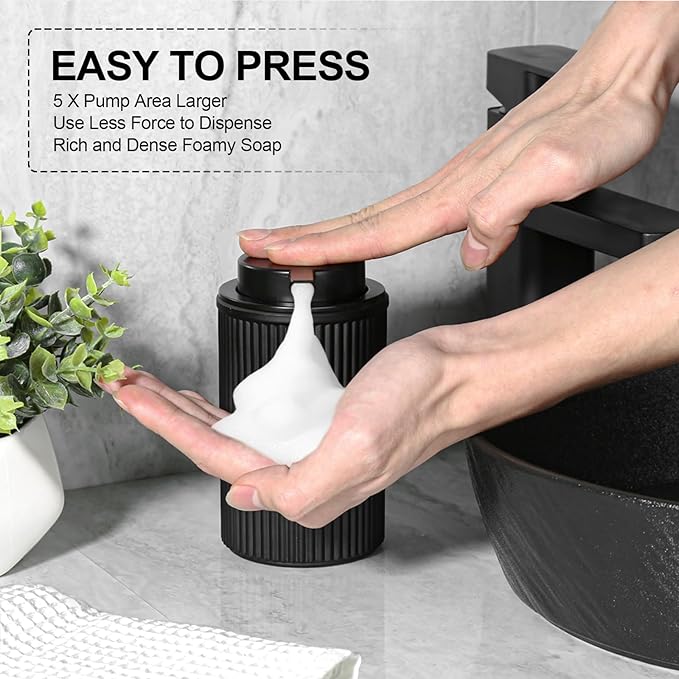 Matte Black Foaming Soap Dispenser, 2 Pack Ribbed Glass Foam Hand Soap Dispenser for Bathroom, Refillable Foaming Pump Bottle with Black Pump, Modern Dish Soap Foam Dispenser