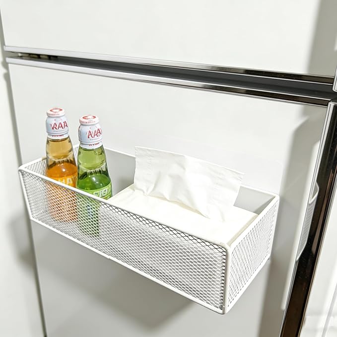Magnetic Basket Organizer Holder for Fridge，Magnetic Shelf for Washing Machine， Magnetic Mesh Basket, White Rectangular Steel Shelf Organizer, 10.43 x 4.92 x 3.15 Inches (White, 1 pack)