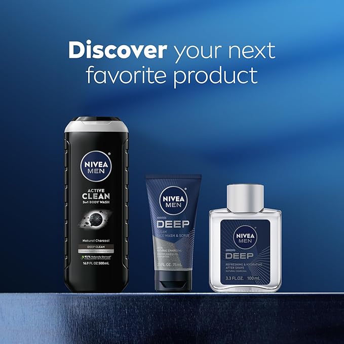 NIVEA Men Active Clean Body Wash with Natural Charcoal for Normal to Oily Skin, 3-in-1 Charcoal Body Wash, Face and Hair, Draws Out Dirt and Impurities, 30 Fl Oz Bottle