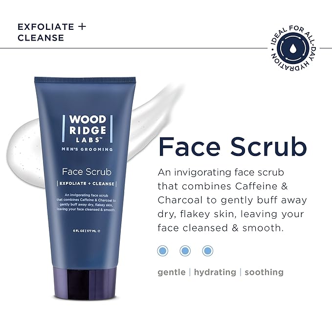 Woodridge Labs Men's Grooming Caffeine & Charcoal Daily Face Scrub - Exfoliate Moisturize & Cleanse | Eliminate Oils & Impurities | Gentle for Sensitive Skin, Paraben Free (6 oz)