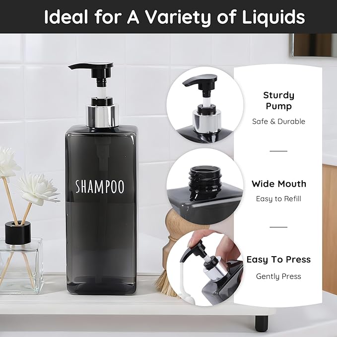 Segbeauty 16.9oz Empty Black Hand Soap Dispensers, 3pcs Large Plastic Lotion Pump Bottle, Refillable Square Pump Bottles for Shampoo and Conditioner, 500ml Pre-printed Bathroom Body Wash Gel Container
