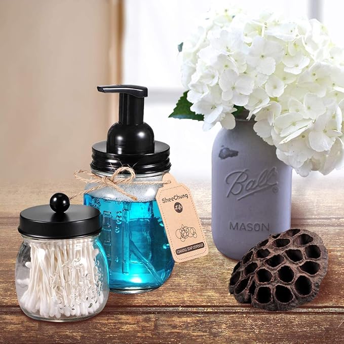 Amolliar Mason Jar Foaming Soap Dispenser Pump Lids, Foaming Pump Replacement Kit for Pint Regular Mouth Mason Jar, Refill Hand Soap, Waterproof Stickers, Kitchen Bathroom Farmhouse Decor, Black 6Pack
