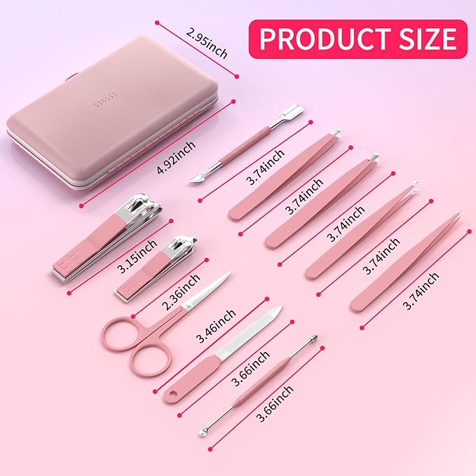 Manicure Set 10 in 1 Stainless Steel Nail Clippers Scissors Tweezers Grooming Kit with Travel Case (Pure Pink)