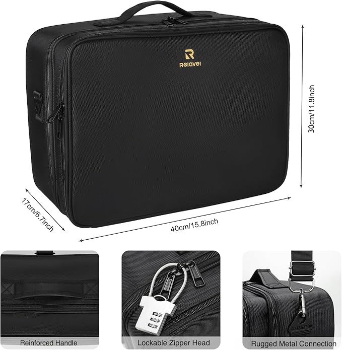 Relavel Large Makeup Organizer Profession Makeup Bag Extra Large Makeup Case with Adjustable Dividers, Adjustable Angle Fixed Belt and Shoulder Strap Plastic Dividers