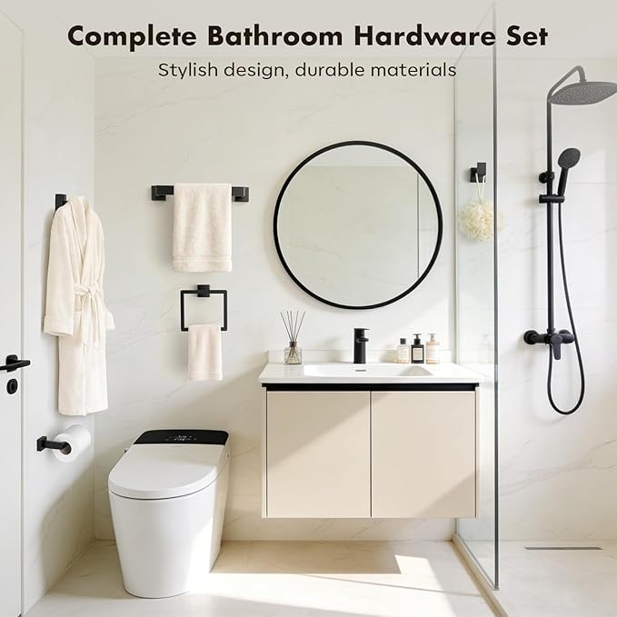Bathroom Accessories Towel Bar Set: 20 Pieces Matte Black Bathroom Hardware Square SUS304 Stainless Steel - Wall Mounted Towel Rack&Toilet Paper Holder&Towel Ring and Towel Hook