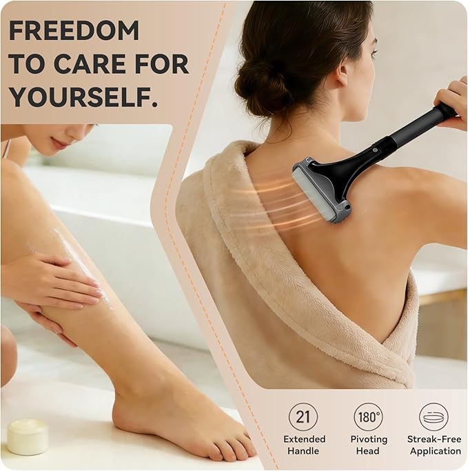 Lotion Applicator for Back&Body-Extendable up to 21.5" Back Lotion Applicator with 3 Roller and 2 Finger caps for Back self,Lotion Stick & Sunscreen Applicator for Skin Cream,Oils & More,Black