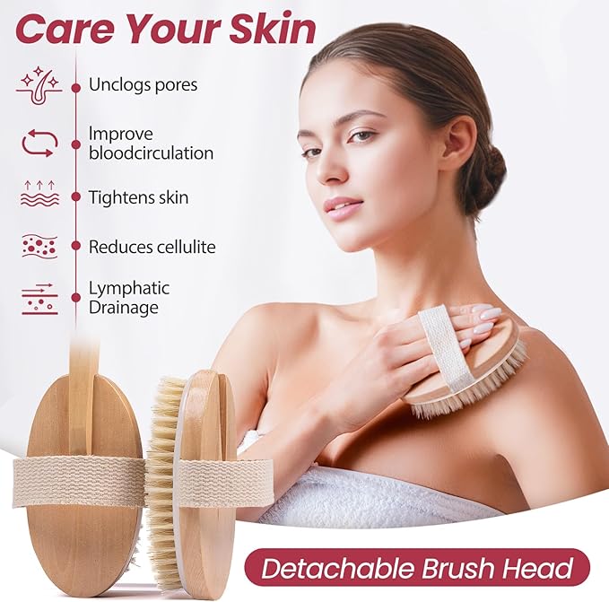 Wood Bath Brush,Long Handle Body Back Scrubber with Soft and Natural Bristles Antiskid Shower Brush Set for Bathroom Wet or Dry Exfoliating (6 Pack) (20.6'' Long Handle)