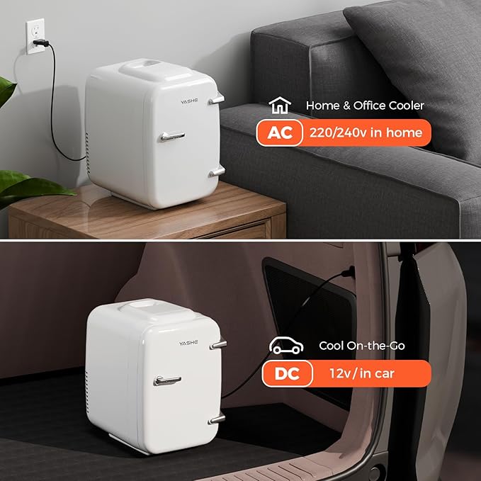 Mini Fridge, 4 Liter/6 Can Mini Makeup Fridge, 110V AC/ 12V DC Portable Thermoelectric Cooler&Warmer for Skincare, Drink, Cosmetic, Medicine, Small fridge for Bedroom, Office, Dorm, Car, White