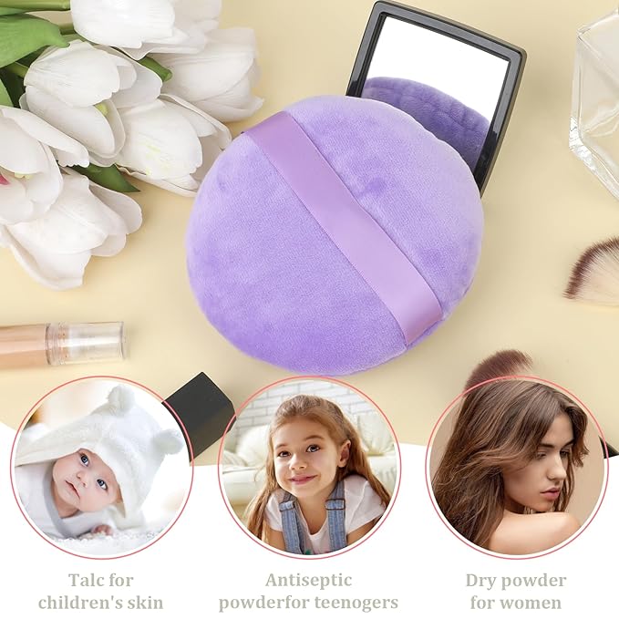 Large Size Powder Puff, 5 Inches Ultra Soft Velour Setting Powder Puffs Washable Round Makeup Sponge Applicator for Face Cleaning, Makeup & Loose Powder, Bath Powder, Body Powder, Foundation Blending
