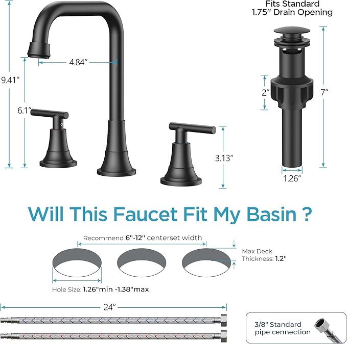 FORIOUS Black Bathroom Faucet for Sink 3 Hole,Widespread Matte Black Bathroom Sink Faucets,2 Handles RV Bathroom Faucets Vanity with Pop Up Drain and Supply Hoses