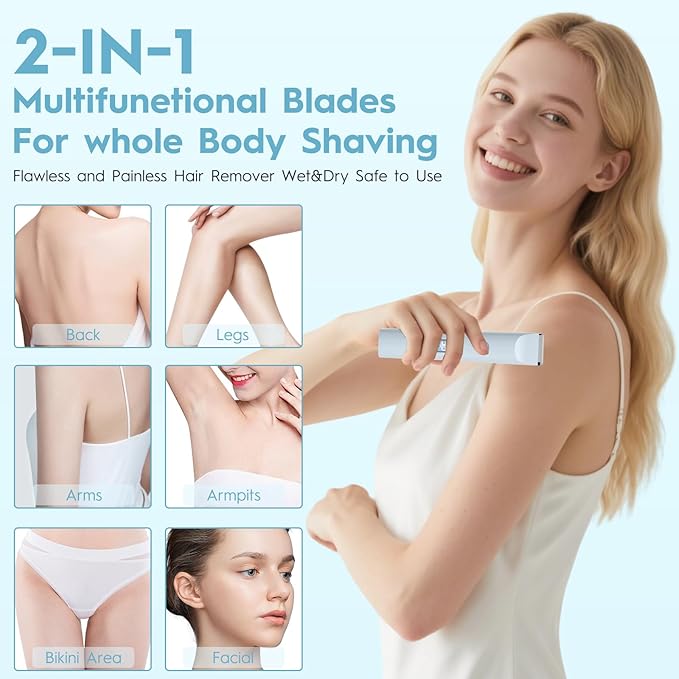 2026 Upgraded 2 in 1 Bikini Trimmer for Women with LCD Display,Dual Head Cordless Electric Bikini Shaver,IPX7 Waterproof Wet/Dry Body Hair Trimmer for Face,Azure