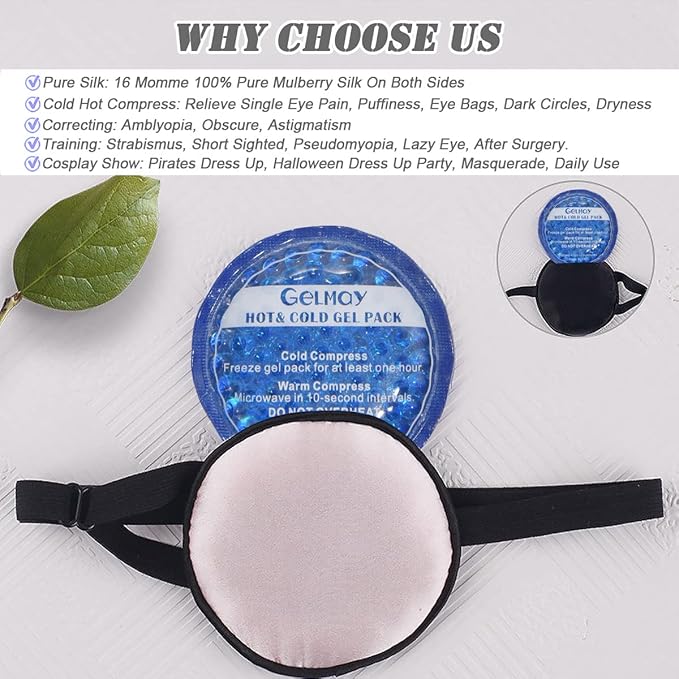 Cooling Eye Patches for Puffy Eyes, Pure Silk Ice Eye Patch, Single Eye Mask, Medical One Eye Cover Cold Hot Therapy Strabismus Lazy Eyes After Surgery Adult Kid Pirate Eyepatch (Black Pink)