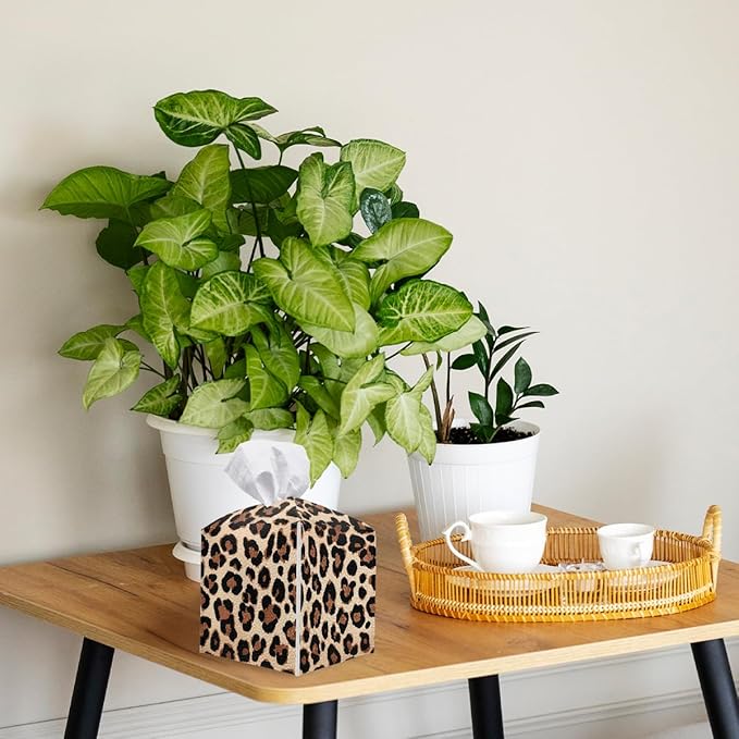 Leopard Print Tissue Box Cover Cute Animal Brown Black Leather Tissue Box Holder Square Facial Paper Organizer Dispenser for Bathroom Kitchen Bedroom Vanity Countertop Night Stands
