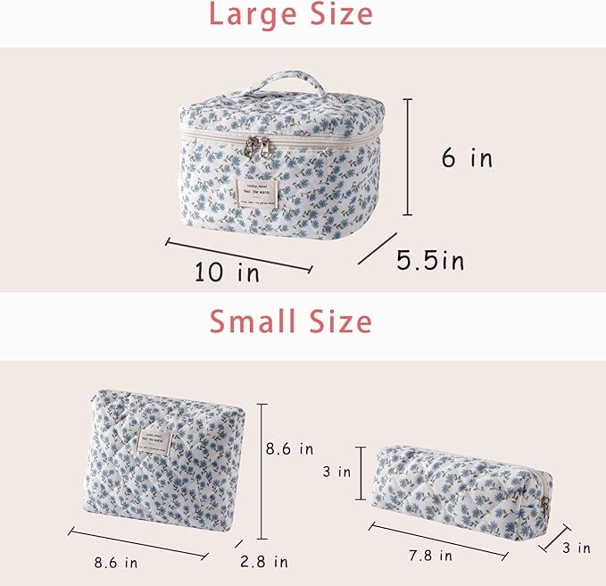 uekeboag 3Pcs Quilted Cotton Makeup Bag,Coquette Quilted Toiletry Bag for Women and Girls,Floral Coquette Pouch,Cute Kawaii Travel Cosmetic Bags(3Pcs Blue Flower)