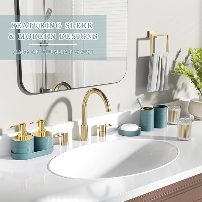 Bathroom Set, 10PC Bathroom Accessory Set, Light Blue Bathroom Accessories, Blue and Gold Bathroom Set with Trash Can, Soap Dispensers