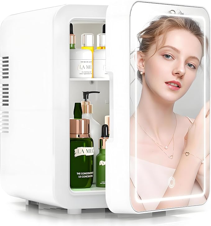 Lispin Mini Fridge for Bedroom, 4L Skincare Fridge with Dimmable LED Light Mirror for Dorm & Office, Portable Cooler & Warmer Small Compact Refrigerator for Skincare (White-4L)