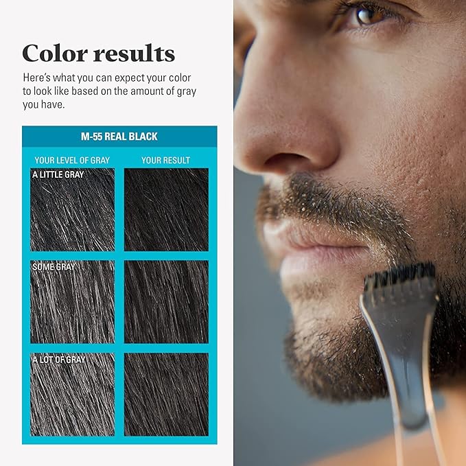 Just For Men Mustache & Beard, Beard Dye for Men with Brush Included, With Keratin Biotin Aloe and Coconut Oil for Healthy Facial Hair - Real Black, M-55, Pack of 1 (Packaging May Vary)