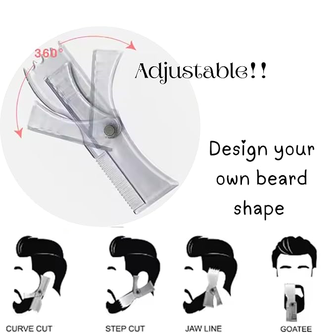 Adjustable Beard Shaper Template For Men- Kit With Flexible Beard Stencils, Barber Pencil & 3 Pcs Foldable Facial Razors, Style Beard As Per Your Face Shape (Beard Shaper - Transparent)