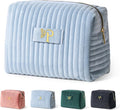 COSHAYSOO Travel Makeup Bag Quilted Make Up Pouch Initial Cosmetic Case with Butterfly Decorations for Women Lipstick Glossier Lipgloss Lip Stain Moisturizer Mascara Eyeliner Organizer Blue Letter P