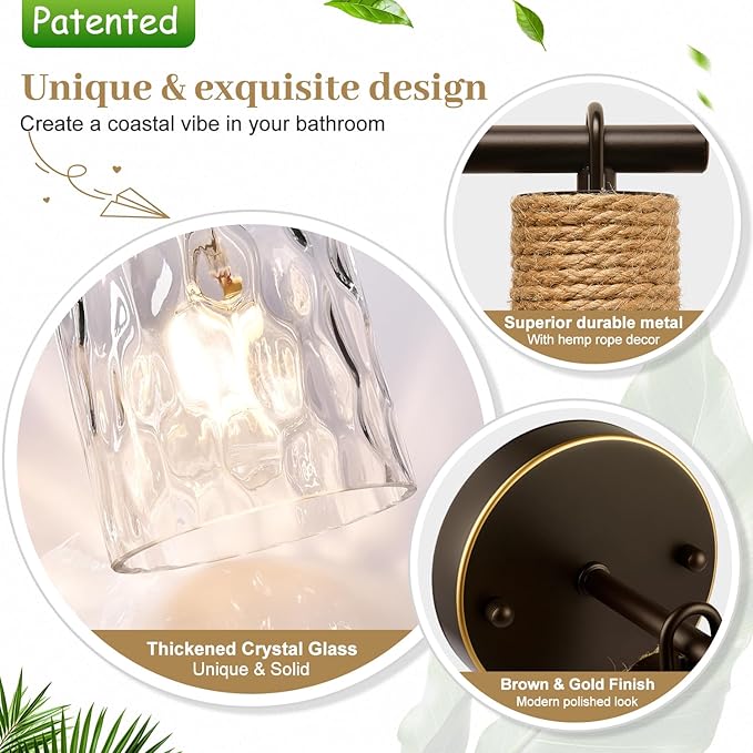 Set of 2 Wall Sconces for Bathroom, Coastal Modern Vanity Lights with Clear Glass Shade, Brown and Gold Bathroom Wall Lamp for Mirror Kitchen Living Room Hallway Cabinet Porch